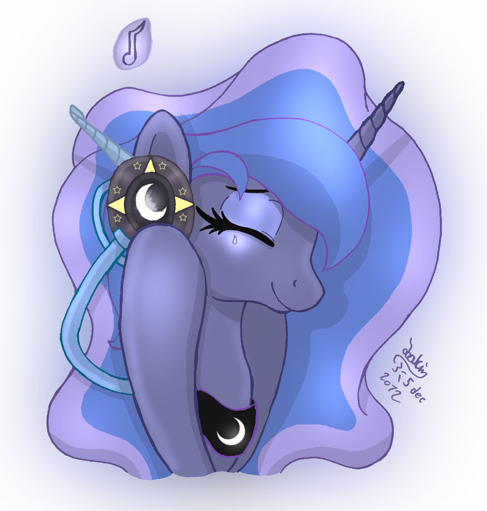 blue_hair equine eyes_closed female friendship_is_magic hair headphone headphones horn horse joakaha long_hair mammal my_little_pony note plain_background pony princess_luna_(mlp) smile white_background