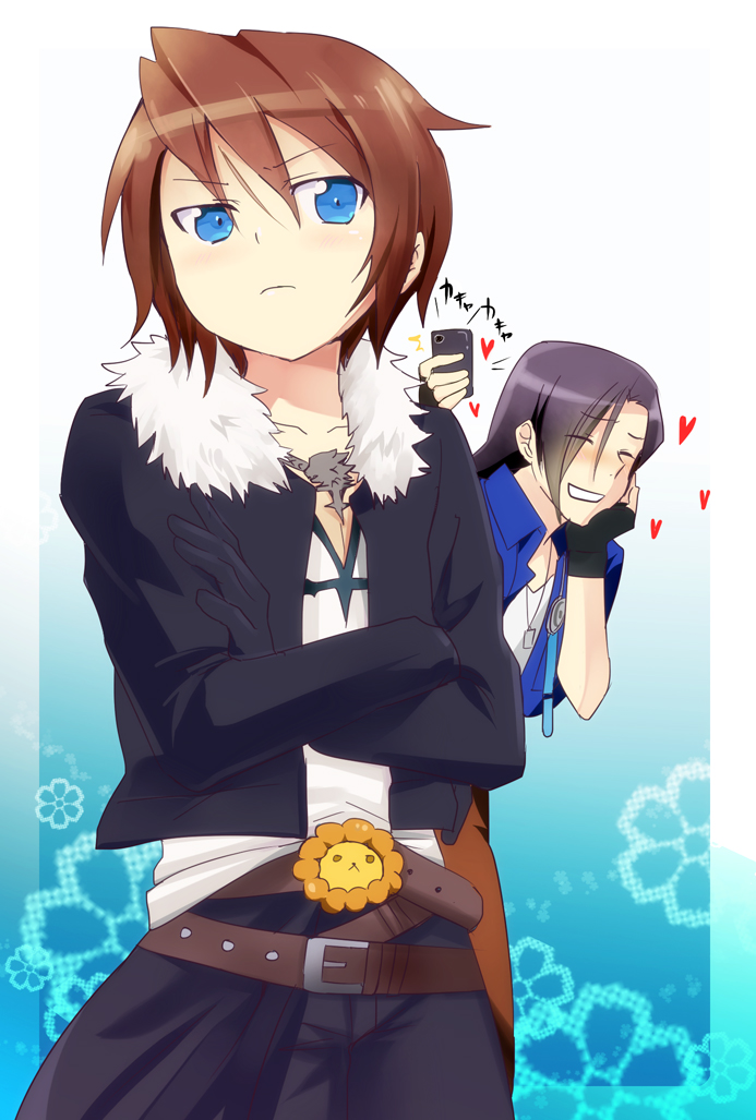 belt black_hair blue_eyes brown_hair can't_be_this_cute cellphone closed_eyes crossed_arms dissidia_012_final_fantasy dissidia_final_fantasy dog_tags father_and_son final_fantasy final_fantasy_viii fingerless_gloves frown gloves heart iphone jewelry laguna_loire long_hair looking_back male_focus meru multiple_boys necklace ore_no_imouto_ga_konna_ni_kawaii_wake_ga_nai parody phone pon_de_lion scar smartphone smile squall_leonhart translated