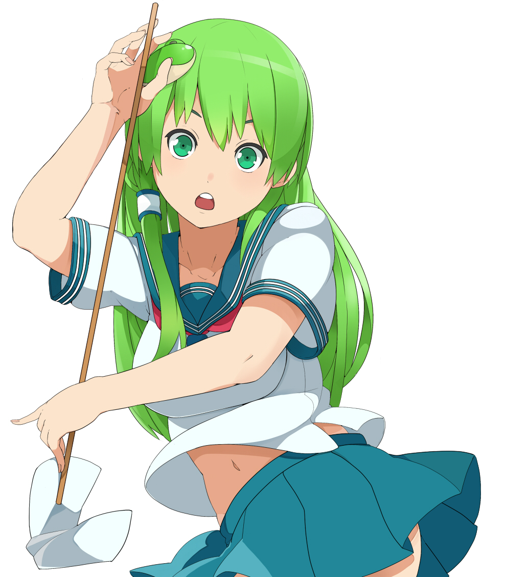 alternate_costume frog_hair_ornament gohei green_eyes green_hair hair_ornament haseneko kochiya_sanae long_hair looking_at_viewer navel school_uniform serafuku simple_background skirt solo touhou white_background