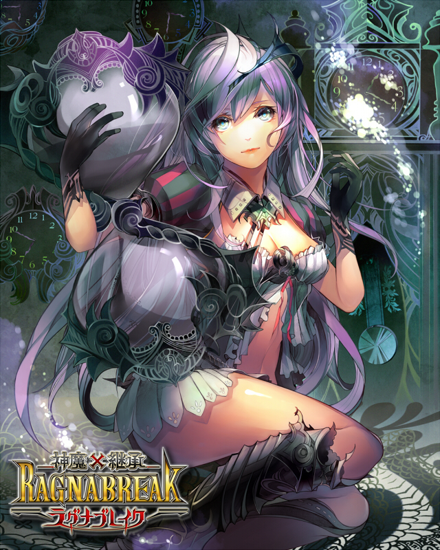 blue_eyes breasts clock fumo gloves gradient_hair hair_ornament hell_master_the_ghost_chamber hourglass medium_breasts multicolored_hair purple_hair shinma_x_keishou!_ragnabreak sitting skirt solo thighs white_hair