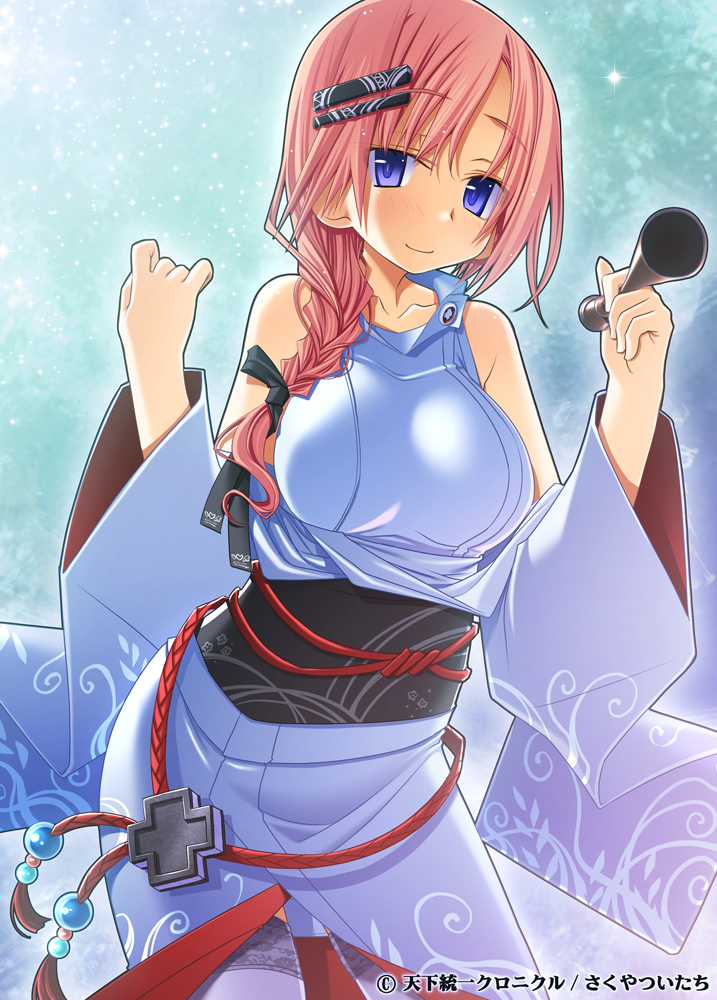 bare_shoulders blue_eyes blush braid breasts character_request collarbone cross hair_ornament hair_over_shoulder hairclip holding horn_(instrument) japanese_clothes large_breasts long_hair looking_at_viewer md5_mismatch pink_hair sakuya_tsuitachi single_braid smile solo tenka_touitsu_chronicle thighhighs watermark white_legwear wide_sleeves