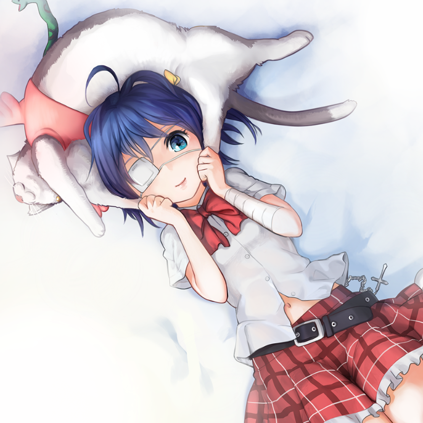 amado_(shin) animal_hat bad_id bad_pixiv_id bandages belt blue_eyes blue_hair bow cat cat_pillow chain checkered chimera_(chuu2koi) chuunibyou_demo_koi_ga_shitai! chuuten_(clam_chowder) cross dress_shirt eyepatch frilled_skirt frills hair_ribbon hat leg_pull looking_at_viewer lying midriff navel on_back plaid plaid_skirt ribbon shirt short_hair short_sleeves skirt smile snake solo takanashi_rikka