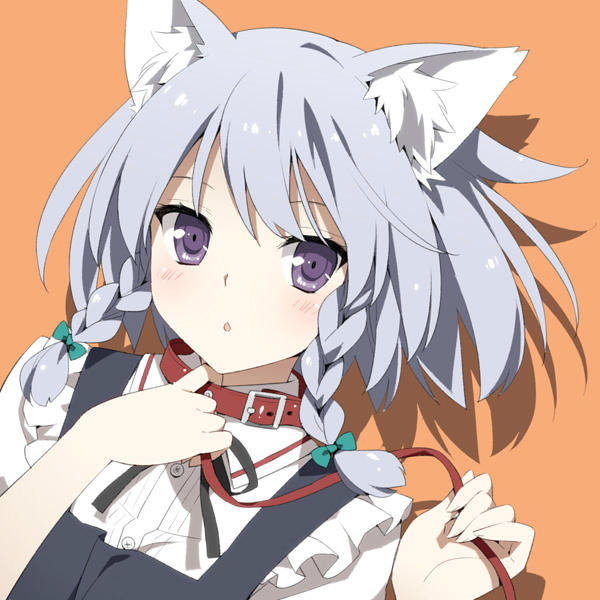 :o animal_ears blush braid cat_ears collar commentary_request frills izayoi_sakuya jpeg_artifacts leash no_headwear peko purple_eyes silver_hair solo touhou twin_braids