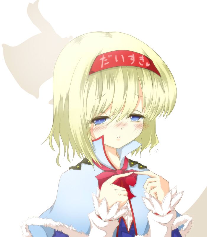 7ban alice_margatroid bell blonde_hair blue_dress blue_eyes blush bow capelet clothes_writing dress fingers_together hairband half-closed_eyes long_sleeves looking_at_viewer solo touhou upper_body