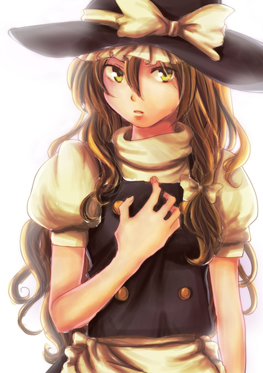 bad_id bad_pixiv_id blonde_hair bow hair_between_eyes hand_on_own_chest hat hat_bow highres kirisame_marisa long_hair parted_lips puffy_short_sleeves puffy_sleeves sakuyami_haruto short_sleeves sideways_glance solo touhou turtleneck white_background witch witch_hat yellow_eyes