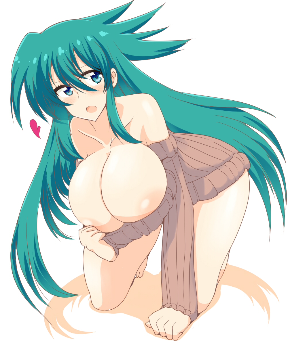 all_fours aqua_eyes aqua_hair areola_slip areolae bad_id bad_pixiv_id bare_shoulders bottomless breasts bursting_breasts heart highres huge_breasts large_areolae legs long_hair no_bra open_mouth original simple_background solo sweater wedge white_background