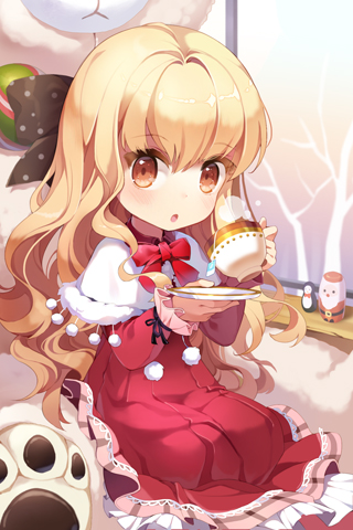 :o blonde_hair blush bow capelet celine_hastur child cup dress gilse holding layered_dress long_hair lowres open_mouth orange_eyes plate polka_dot ribbon sitting solo stuffed_animal stuffed_toy sword_girls teabag teacup tree very_long_hair wavy_hair