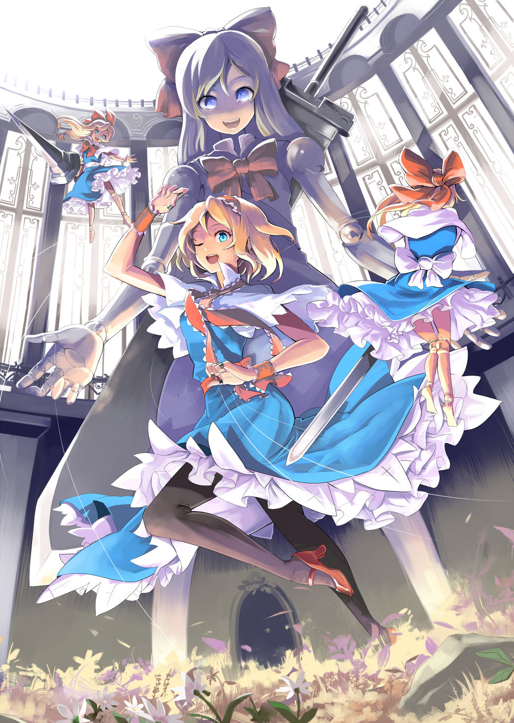 :d ;d alice_margatroid arm_up blonde_hair blue_eyes doll_joints emerane goliath_doll hairband high_heels highres holding hourai_doll lance leg_up looking_at_viewer one_eye_closed open_mouth pantyhose petals polearm shanghai_doll shoes smile solo string sword touhou weapon wind window wrist_cuffs