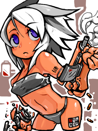 android arm_cannon artist_name bare_shoulders battery bra cropped_legs damaged gun nancou_(nankou) navel original panties parts_exposed purple_eyes shell_casing short_hair smoke solo underwear underwear_only weapon white_hair