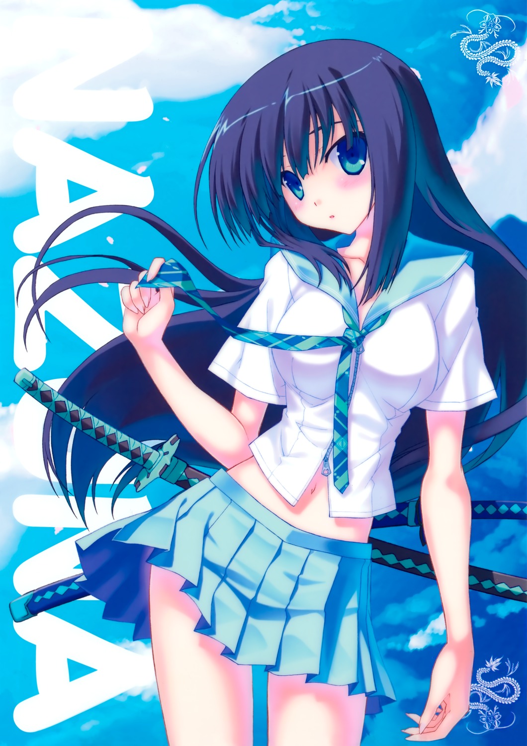 black_hair blue_eyes highres kokonobi school_uniform solo weapon