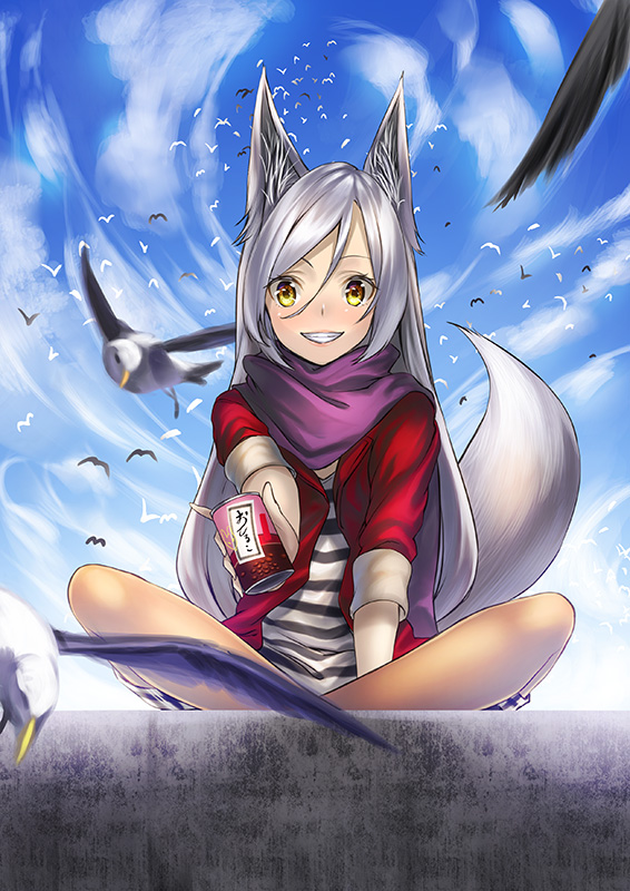 animal_ears bad_id bad_pixiv_id bird can fox_ears fox_tail grin holding kyon_(fuuran) long_hair looking_at_viewer original silver_hair sitting smile solo striped tail yellow_eyes