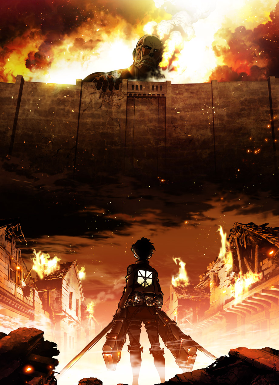 a_grim_reminder asano_kyouji bald black_hair boots burning city colossal_titan defensive_wall destruction dual_wielding emblem epic eren_yeager fire from_behind from_below giant highres holding house jacket key_visual male_focus monochrome monster muscle official_art paradis_military_uniform shingeki_no_kyojin smoke sword teeth three-dimensional_maneuver_gear training_corps_(emblem) wall weapon