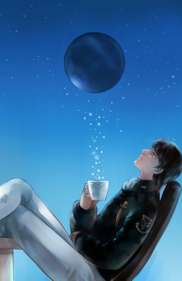 ascot black_hair chair cup ginga_eiyuu_densetsu insignia iserlohn_fortress looking_up male_focus military military_uniform miyasaki1130 no_hat no_headwear sitting solo space space_station star table uniform yang_wen-li