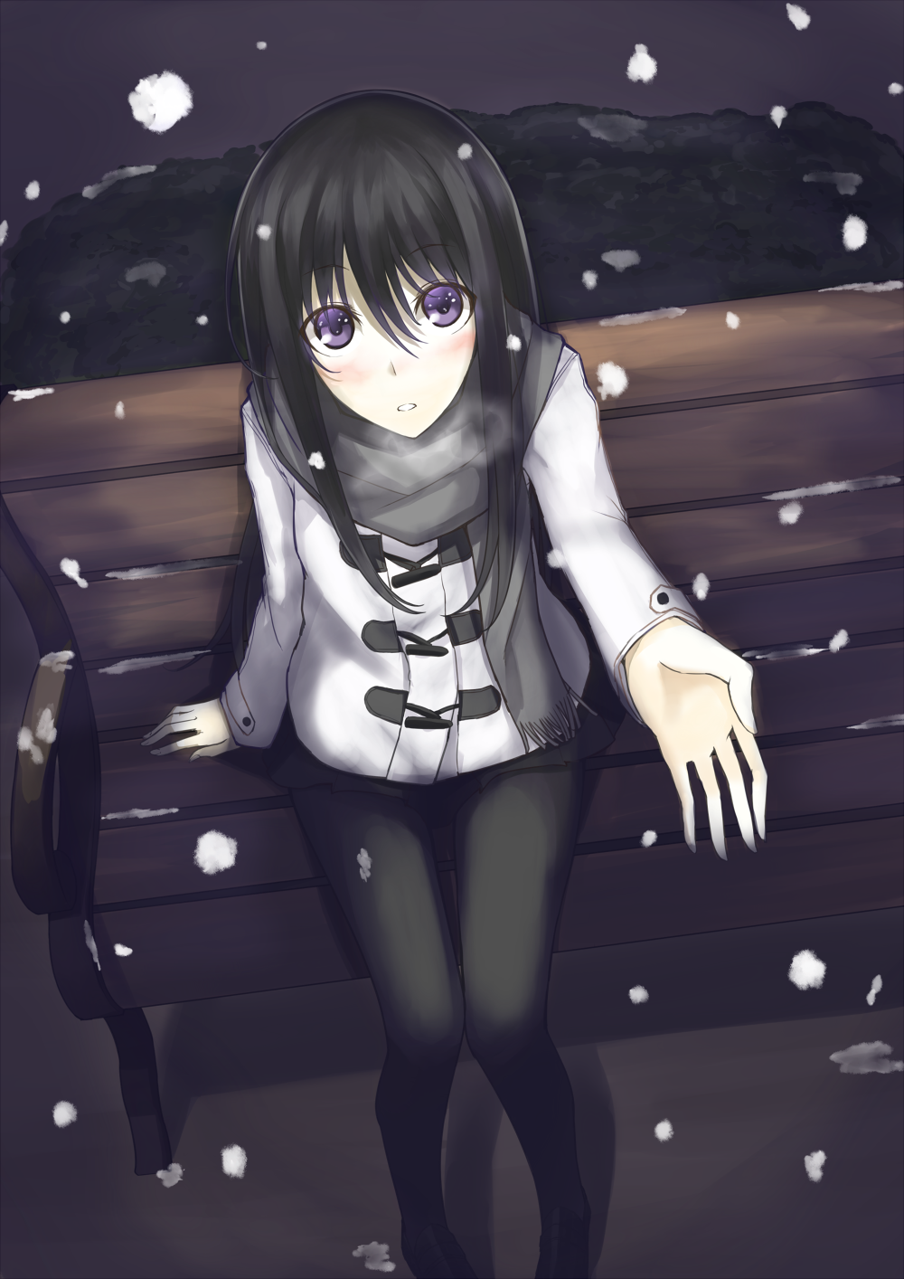 bench black_hair black_legwear blush breath coat from_above highres kauto long_hair looking_at_viewer original outstretched_hand pantyhose parted_lips purple_eyes scarf sitting snowing solo toggles