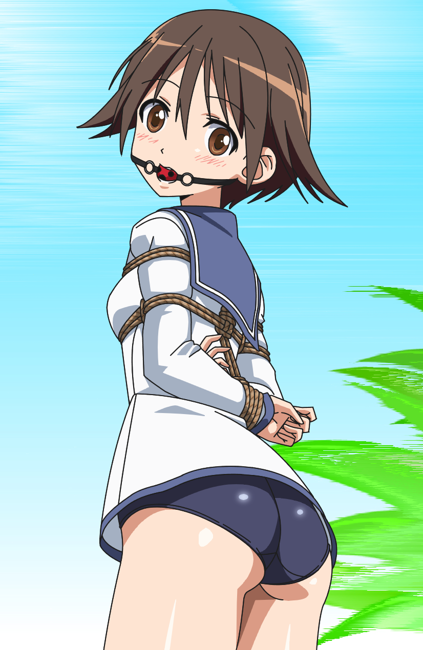 1girl ass ball_gag bdsm blush bondage bound breasts brown_eyes brown_hair dress gag highres looking_at_viewer looking_back military military_uniform miyafuji_yoshika palm_tree sailor_dress shaneko short_hair sky small_breasts solo strike_witches swimsuit tied_up tree uniform world_witches_series