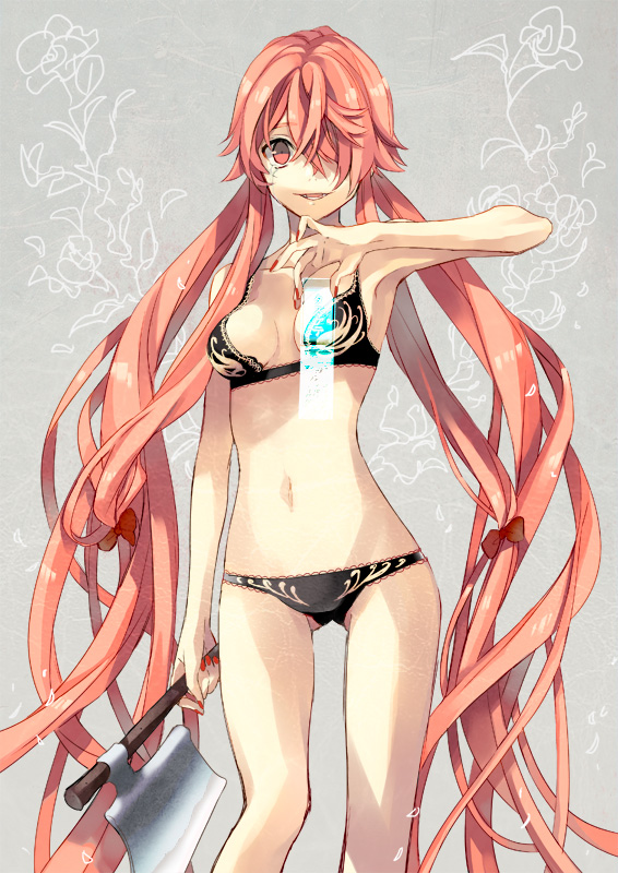 axe bow bra breasts cellphone cleavage gasai_yuno hair_bow hair_over_one_eye lingerie long_hair medium_breasts mirai_nikki nail_polish navel open_mouth panties phone pink_eyes pink_hair smile solo stomach tears tibino twintails underwear underwear_only very_long_hair weapon