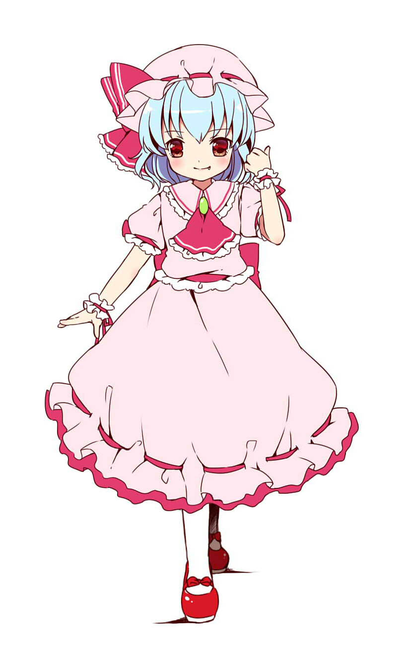 ascot bat_wings blue_hair blush fang hat hat_ribbon highres irori jpeg_artifacts red_eyes remilia_scarlet ribbon simple_background smile solo touhou walking white_background wings wrist_cuffs