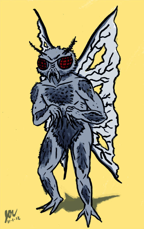 ambiguous_gender antennae arthropod cryptid cryptozoology fuzzy grey_skin hair humanoid insect insectoid jared_weiss mandibles monster moth mothman not_furry plain_background red_eyes signature solo standing wings yellow_background