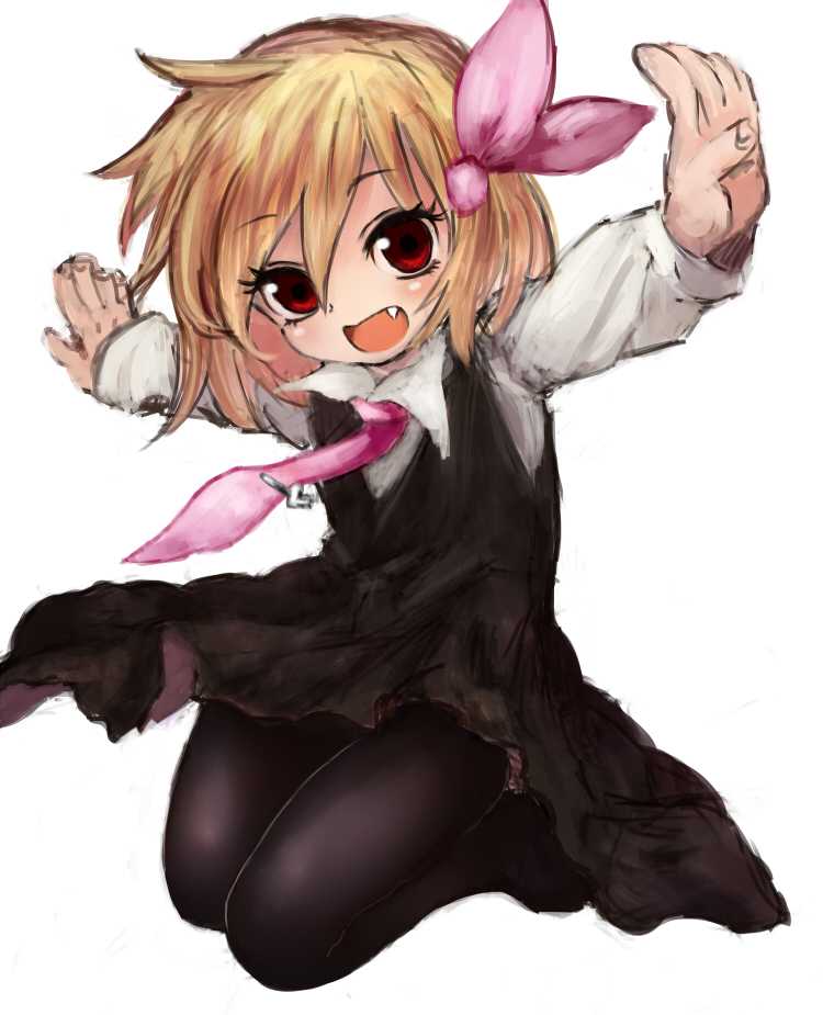:d blonde_hair blush dress fang gobou_(gbu) hair_ribbon legs_up looking_at_viewer necktie no_shoes open_mouth outstretched_arms pantyhose pink_neckwear pink_ribbon red_eyes ribbon rumia short_hair sketch smile solo touhou white_background