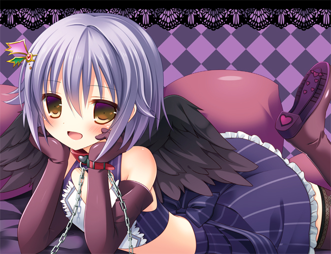 :d aono_ribbon black_wings blush boots brown_eyes chain chin_rest cleavage_cutout collar cuffs elbow_gloves gloves hair_ornament hairclip heart_cutout idolmaster idolmaster_cinderella_girls koshimizu_sachiko looking_at_viewer lying midriff on_stomach open_mouth pinstripe_pattern purple_hair short_hair skirt smile solo striped thigh_boots thighhighs wings