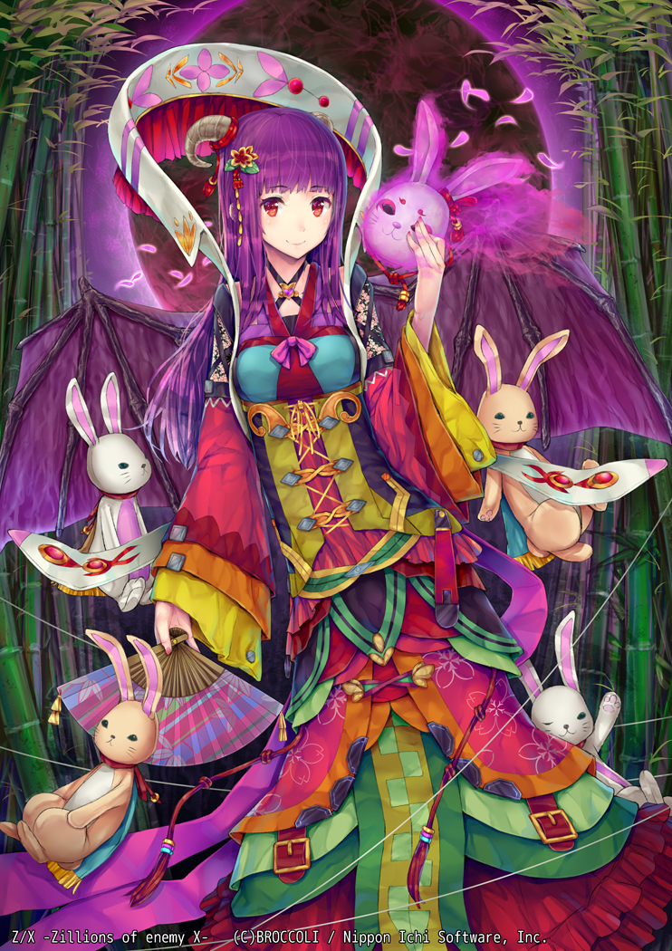 bamboo bangs bat_wings blunt_bangs blush breasts colorful copyright_name corset criss-cross_halter demon_girl demon_horns dress fan folding_fan frilled_dress frills glowing hair_ornament halterneck holding horns hourainingyou lace lace-trimmed_dress light_smile long_hair looking_at_viewer mask nail_polish official_art petals purple_hair queen_kaguya_(z/x) red_eyes ribbon small_breasts smile solo standing stuffed_animal stuffed_bunny stuffed_toy watermark wide_sleeves wings wire z/x