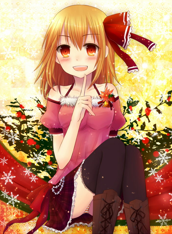 alternate_costume amano-sora bare_shoulders blonde_hair blush boots cross-laced_footwear flower hair_ribbon lace-up_boots open_mouth ribbon rumia skirt smile snowflakes solo thighhighs touhou