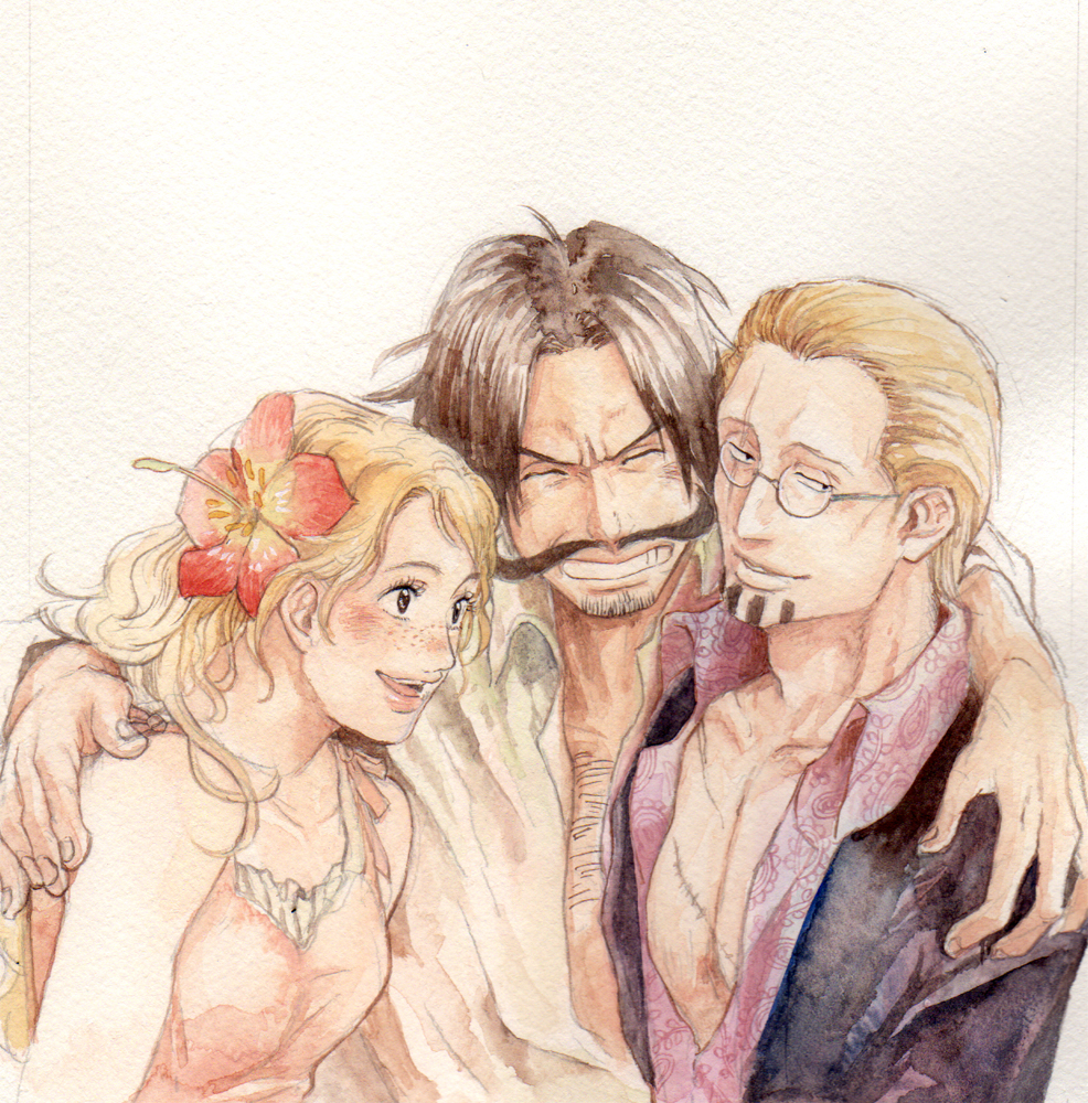 1girl 2boys blonde_hair chikama chikama_(minka) couple facial_hair flower freckles glasses gol_d_roger hug multiple_boys mustache one_piece pirate portgas_d_rouge silvers_rayleigh smile traditional_media watercolor watercolor_(medium)