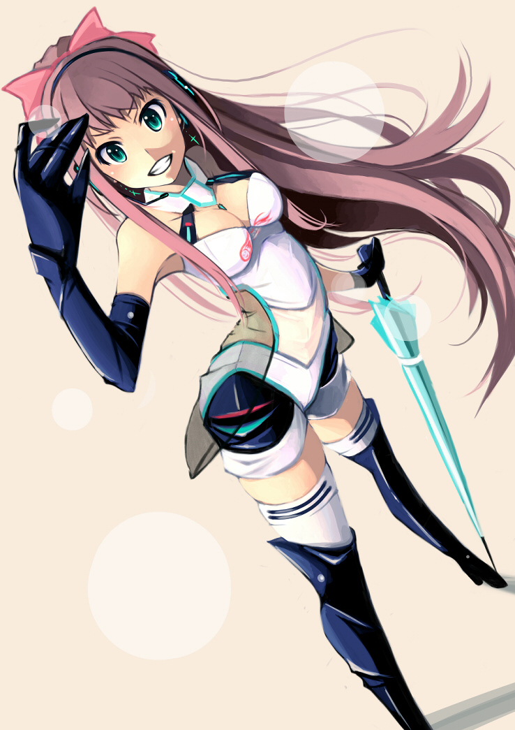 bare_shoulders blue_footwear blush boots bow breasts brown_hair claws cleavage cosplay gloves green_eyes grin hair_bow hatsune_miku hatsune_miku_(cosplay) headset long_hair looking_at_viewer medium_breasts mistrail original race_queen smile solo thigh_boots thighhighs umbrella vocaloid weapon white_legwear