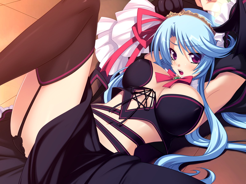 1girl armpits arms_up blue_hair blush bow bowtie breasts game_cg garter_belt hair_ornament large_breasts legs_up legwear long_hair looking_at_viewer lying on_back open_mouth parthenon parthenon_(company) purple_eyes solo stockings thighhighs