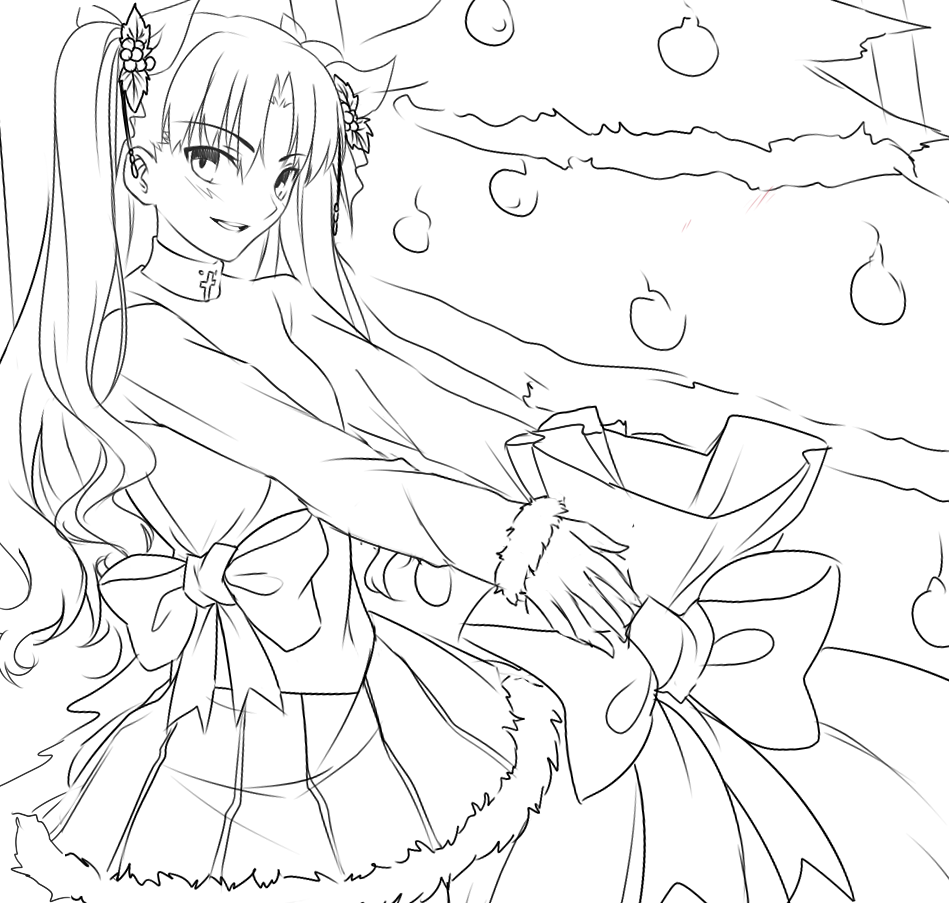 christmas christmas_tree fate/stay_night fate_(series) greyscale holly lineart long_hair monochrome non-web_source sack sketch skirt smile solo sweater toosaka_rin turtleneck tusia twintails two_side_up