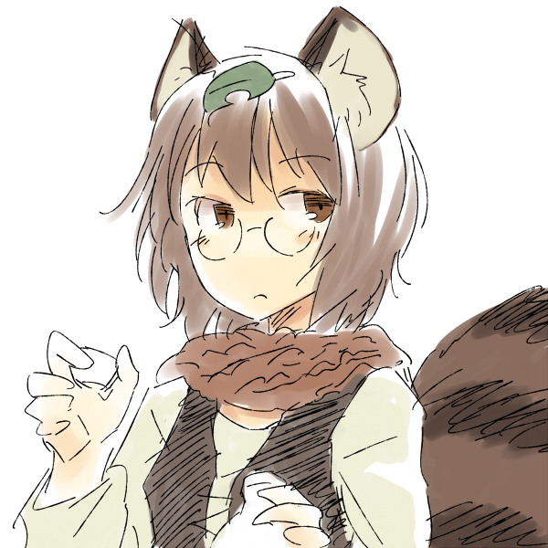 animal_ears brown_eyes brown_hair futatsuiwa_mamizou glasses leaf leaf_on_head pince-nez raccoon_ears raccoon_tail short_hair simple_background solo tail touhou white_background wild_and_horned_hermit yudepii