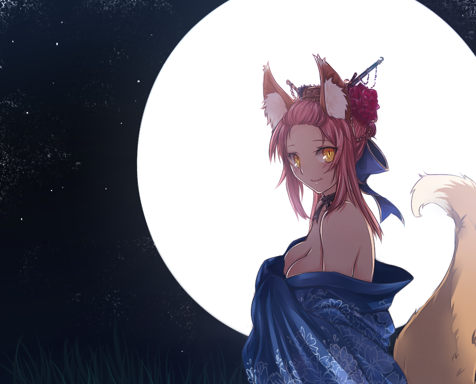 animal_ears blush breasts choker cleavage fate/extra fate_(series) flower fox_ears fox_tail full_moon hair_flower hair_ornament japanese_clothes kimono looking_at_viewer medium_breasts moon night night_sky no_bra off_shoulder pink_hair sky smile solo tail tamamo_(fate)_(all) tamamo_no_mae_(fate) tusia undressing yellow_eyes