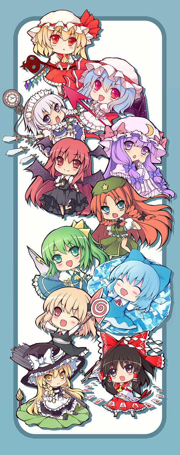 :&lt; arm_up bad_id bad_pixiv_id banned_artist bat_wings blonde_hair blue_dress blue_eyes blue_hair blush_stickers book bow braid broom brown_hair candy capelet chibi chinese_clothes cirno closed_eyes daiyousei detached_sleeves dress eva200499 fairy_wings fangs flandre_scarlet food frame gohei green_hair hair_bow hair_ribbon hair_tubes hakurei_reimu hat hat_ribbon head_wings highres hong_meiling ice izayoi_sakuya kirisame_marisa knife koakuma laevatein lollipop long_hair long_sleeves maid maid_headdress multiple_girls one_eye_closed open_mouth over_shoulder patchouli_knowledge pocket pout puffy_sleeves purple_eyes purple_hair red_dress red_eyes remilia_scarlet ribbon rumia shirt short_hair short_sleeves siblings side_ponytail side_slit silver_hair sisters skirt skirt_set smile spear_the_gungnir spell_card star striped striped_dress the_embodiment_of_scarlet_devil throwing_knife touhou twin_braids very_long_hair vest weapon wings witch witch_hat yellow_eyes