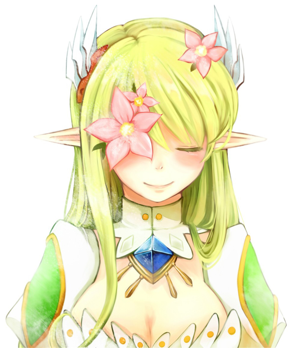 bad_id bad_pixiv_id breasts cleavage closed_eyes detached_collar elsword eyepatch flower grand_archer_(elsword) green_hair hair_flower hair_ornament hairpin long_hair medium_breasts pointy_ears rena_(elsword) sa1008va smile solo white_background