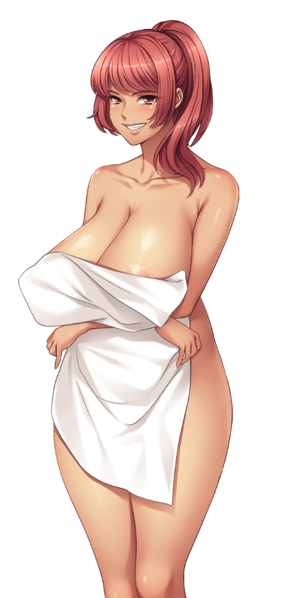 1girl areola_slip areolae breasts dark_skin huge_breasts large_breasts mario_(artist) naked_towel ponytail red_eyes red_hair smile solo towel