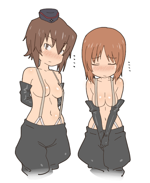 arms_behind_back black_hair blush breasts brown_eyes closed_eyes elbow_gloves embarrassed garrison_cap girls_und_panzer gloves groin hands_together hat medium_breasts military military_uniform multiple_girls naked_suspenders navel nishizumi_maho nishizumi_miho own_hands_together revealing_clothes short_hair siblings sisters smile suspenders tenchisouha topless uniform white_background