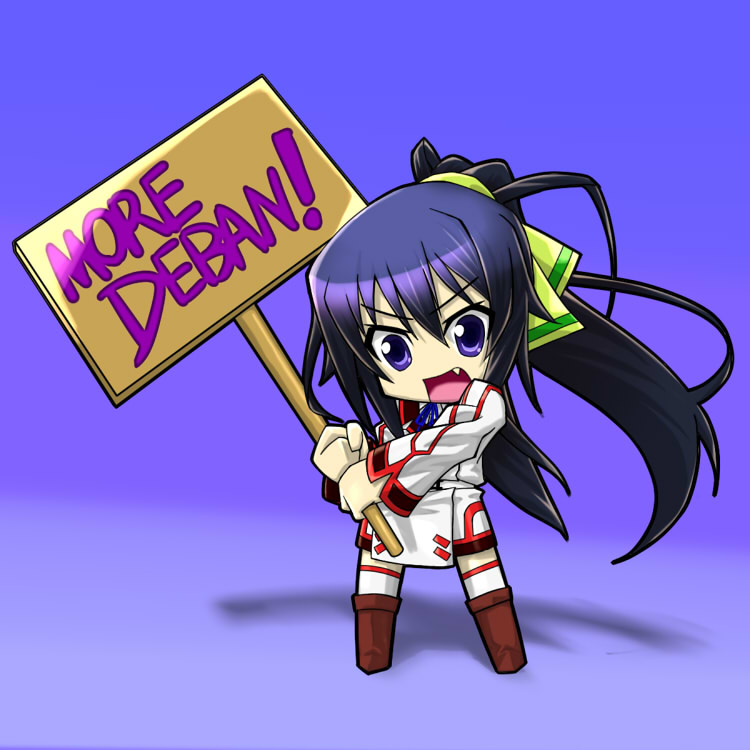 black_hair boots chibi crossover fang holding holding_sign infinite_stratos long_hair more_deban open_mouth parody placard ponytail purple_eyes shinonono_houki sign solo sword_art_online tales_(tales_of_phirmament)
