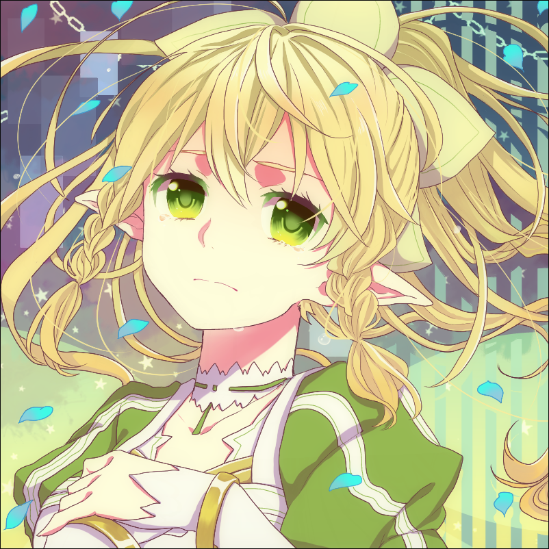 blonde_hair bracelet braid breasts curry_gohan elf green_eyes jewelry leafa long_hair long_sleeves medium_breasts pointy_ears ponytail puffy_sleeves solo sword_art_online tears twin_braids