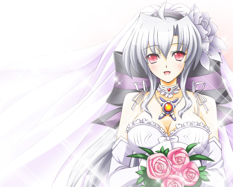 bouquet bow breasts cleavage dress elbow_gloves flower gloves hair_bow hair_flower hair_ornament jewelry large_breasts long_hair looking_at_viewer nanatsuki_(arca-nize) open_mouth pendant red_eyes smile solo sparkle upper_body veil vocaloid voyakiloid wedding_dress white_hair yowane_haku