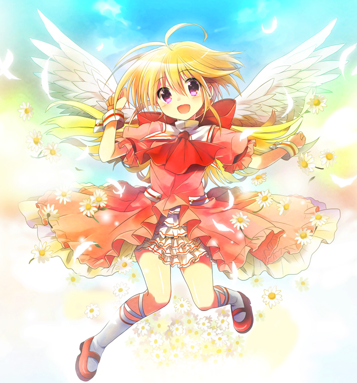 :d blonde_hair blush dress feathers flower frills leaf long_hair looking_at_viewer open_mouth original pink_eyes short_hair sky smile solo tachitsu_teto white_wings wings wrist_cuffs