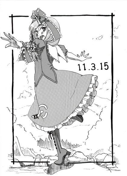 arm_ribbon balancing boots border bow cross-laced_footwear dated dress frills hair_bow hair_ornament hair_ribbon kagiyama_hina lace-up_boots looking_at_viewer looking_back monochrome open_mouth outstretched_arms ribbon short_sleeves smile solo standing standing_on_one_leg takuzui touhou