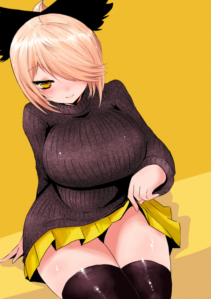alternate_costume black_legwear blonde_hair blush bow breasts come_hither hair_bow hair_over_one_eye han_(jackpot) kurodani_yamame large_breasts long_sleeves miniskirt ribbed_sweater short_hair skirt skirt_lift smile solo sweater thighhighs touhou yellow_eyes