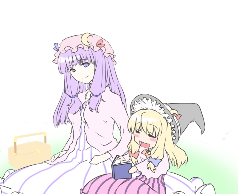 bangs blonde_hair blush book child crescent hair_ribbon happy haruichi hat if_they_mated kirisame_marisa long_hair multiple_girls no_nose open_mouth patchouli_knowledge picnic_basket purple_eyes purple_hair reading ribbon sitting smile striped touhou witch_hat