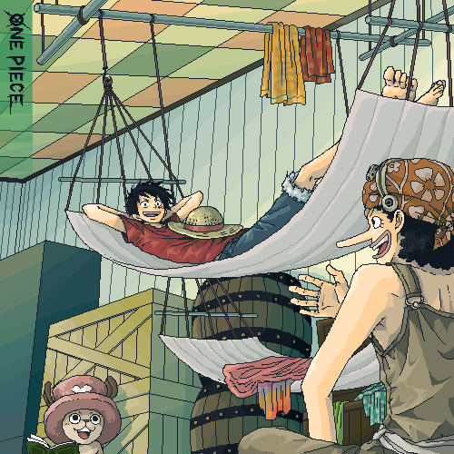 3boys arms_behind_head bandanna black_hair box copyright_name goggles hammock hands_behind_head hat laying lowres lying male male_focus monkey_d_luffy multiple_boys one_piece overalls reading red_shirt reindeer ship shirt sitting straw_hat title_drop tony_tony_chopper usopp x_(symbol)