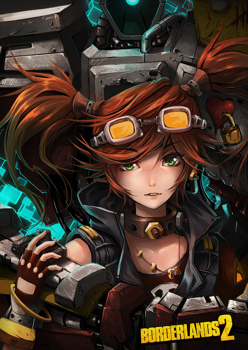 borderlands borderlands_2 choker deathtrap earrings fingerless_gloves gaige gloves goggles green_eyes jewelry md5_mismatch mecha necklace red_hair subaru01rins twintails