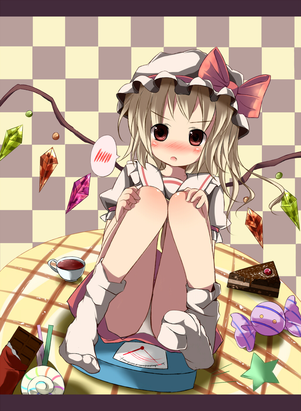 :o blonde_hair blush bow cake candy checkered checkered_background chocolate flandre_scarlet food hat hat_bow highres kazura letter lollipop looking_at_viewer panties red_eyes revision scales sitting skirt slice_of_cake socks solo speech_bubble spoken_blush star swirl_lollipop table touhou underwear white_panties wings
