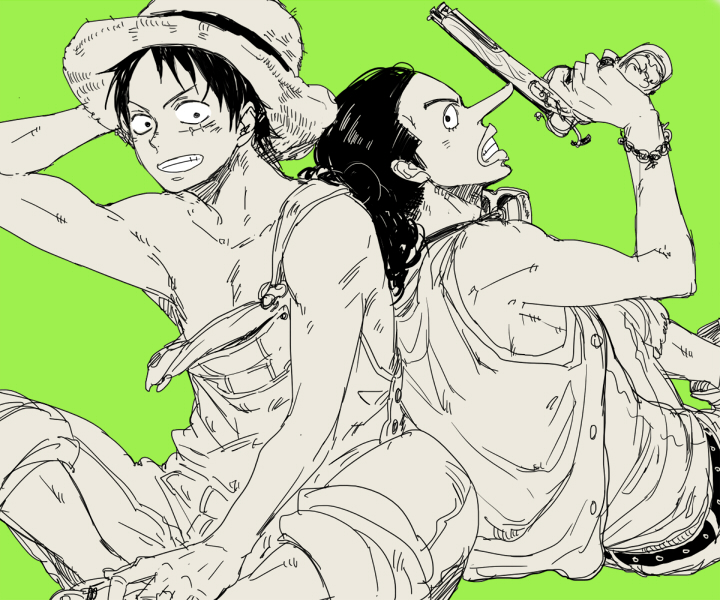 2boys alternate_costume back-to-back back_to_back color_background green green_background gun handgun hat male male_focus monkey_d_luffy multiple_boys one_piece overalls pistol sitting spot_color straw_hat usopp weapon xla009