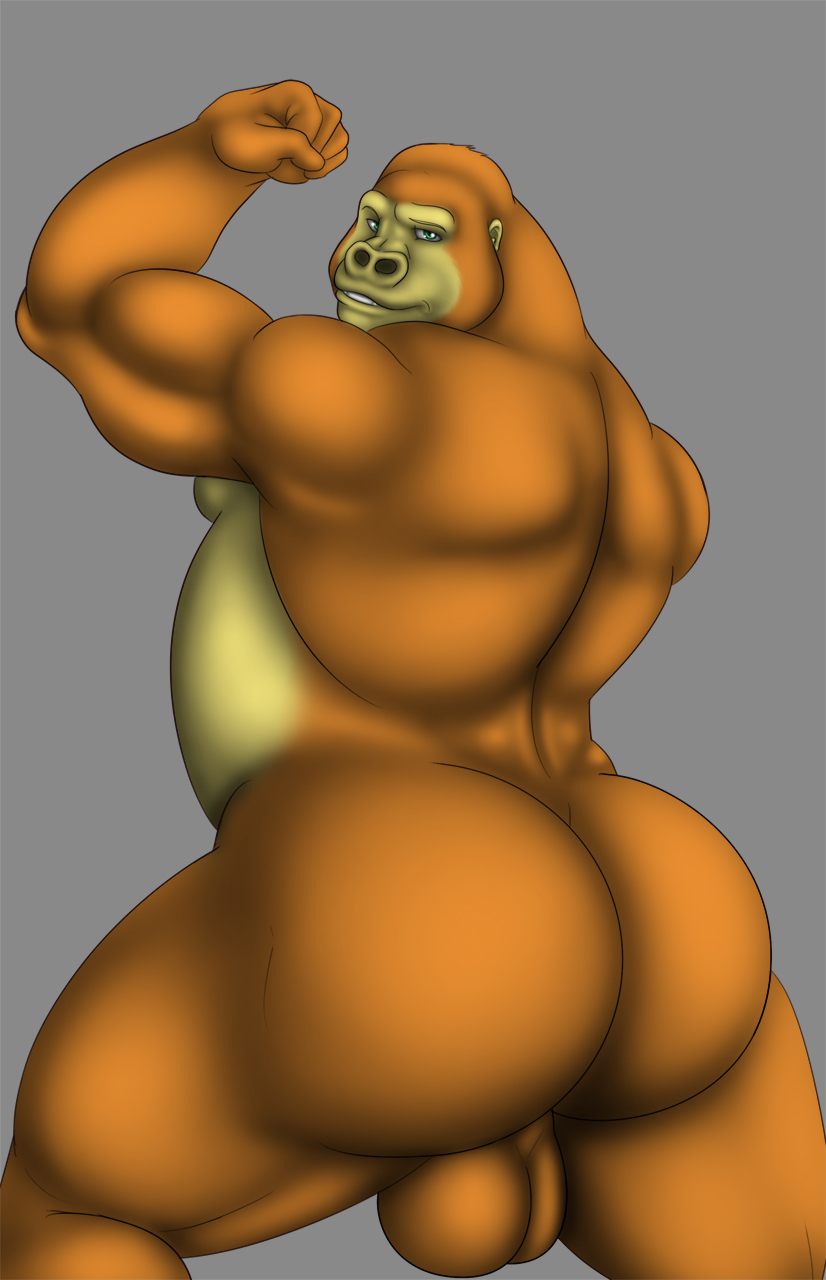 anus ape back back_turned balls biceps big big_butt big_muscles butt chubby flexing fur gorilla green_eyes grin looking_at_viewer looking_back male mammal muscles nude pose presenting presenting_hindquarters primate smile solo vamplust yellow_fur