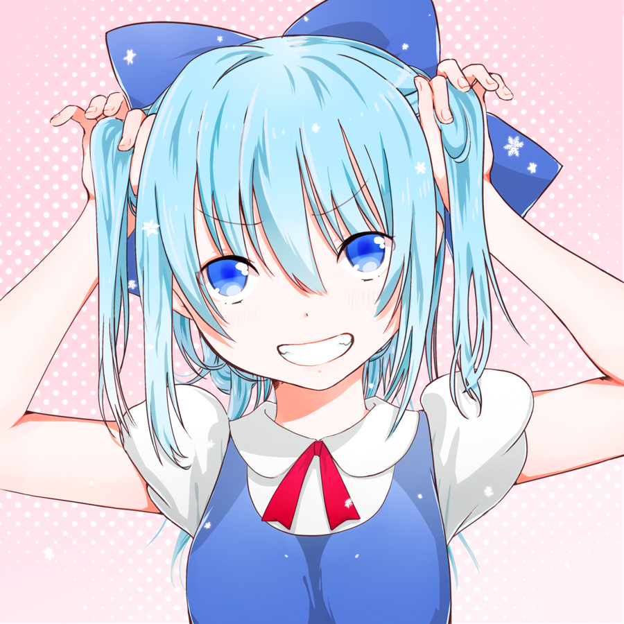 arms_up bad_id bad_pixiv_id blue_eyes blue_hair bow cirno grin hair_bow halftone halftone_background holding holding_hair puffy_sleeves short_hair smile solo touhou yamada_ranga