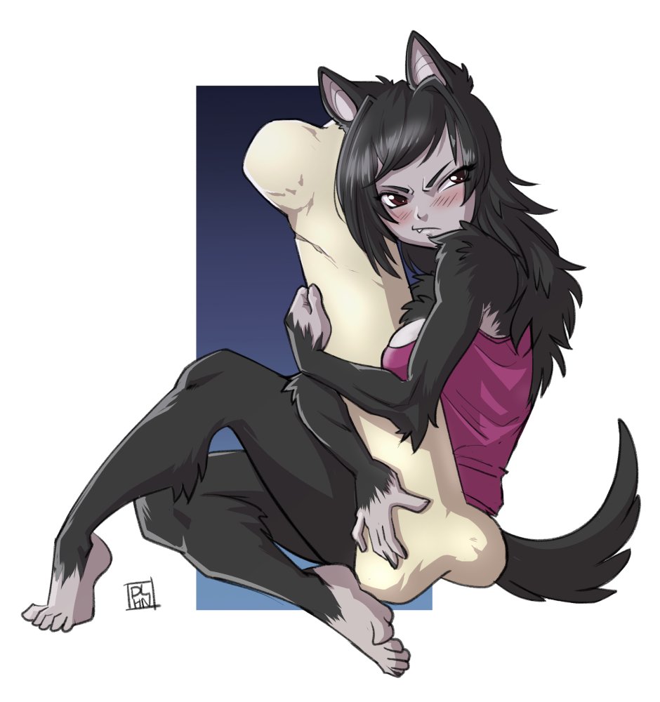 barefoot black_fur black_hair blush bone breasts brown_eyes canine clothed clothing cute_fangs dalehan dog female frown fur guarding hair holding_object mammal shirt simple_background sitting solo tank_top white_background